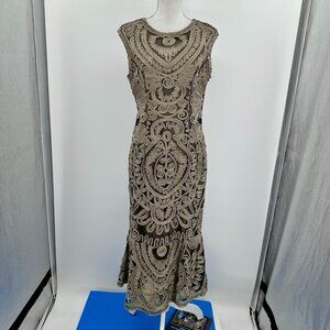 J.S Collections Tan Short sleeves soutache embroider Mesh midi dress size 10